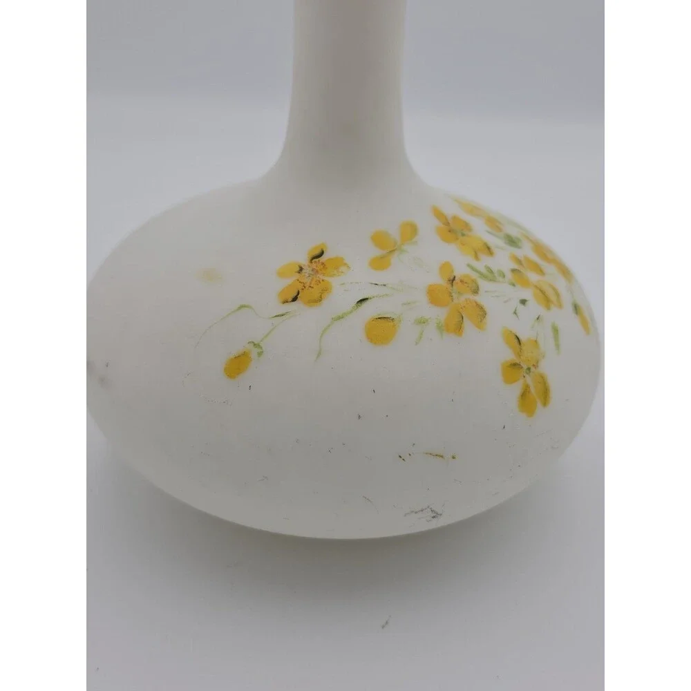 VtgFrosted Satin Glass Floral Decanter Bottle Yellow Flowers w/Stopper 8.5 in